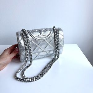 Tory Burch metallic silver leather handbag